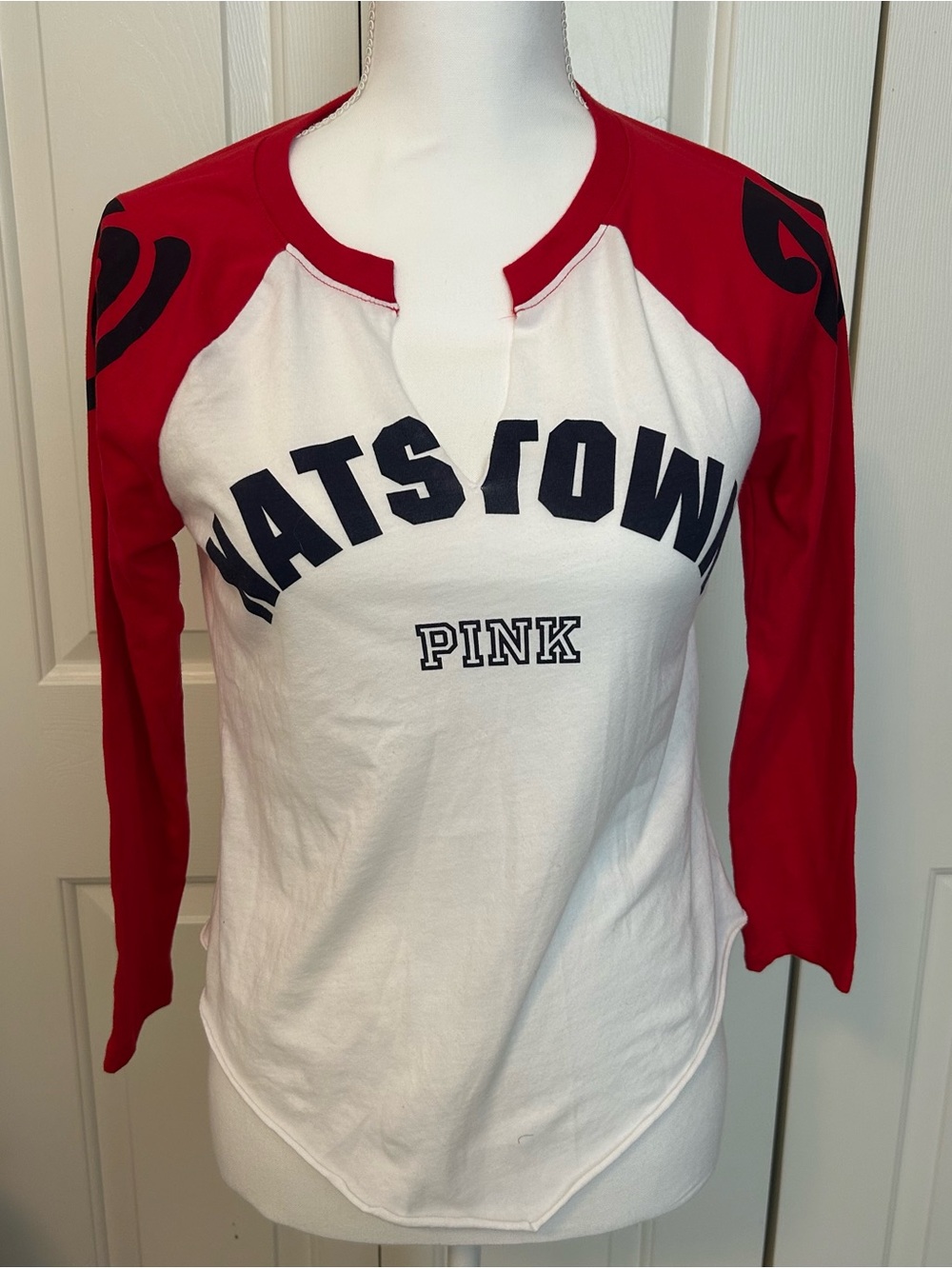 PINK Victoria's Secret White & Red Raglan 'NATSTOWN' Long Sleeve Top